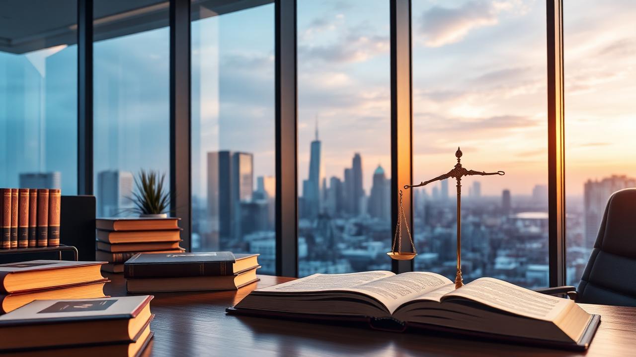 Professional law office with scales of justice and legal books overlooking a city skyline