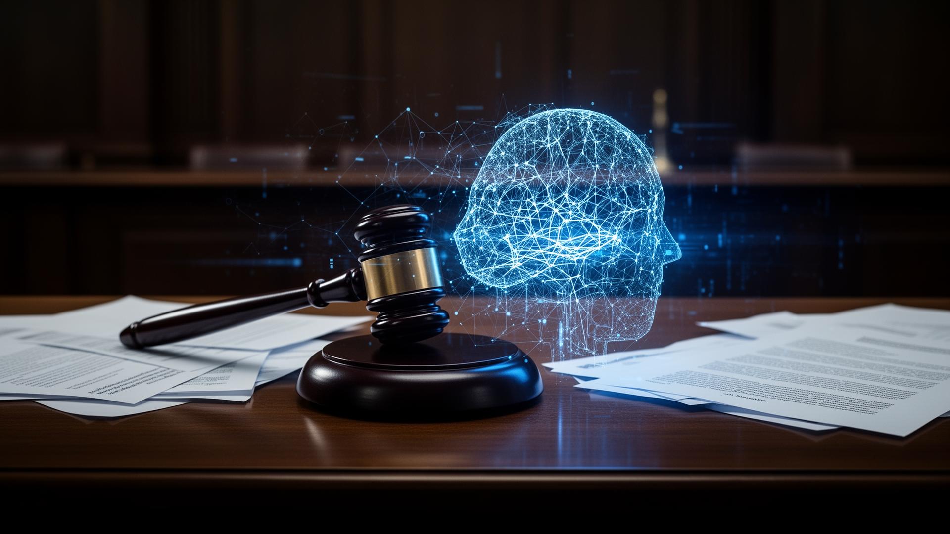 AI and law — a gavel with digital neural network overlay representing the intersection of artificial intelligence and the legal profession
