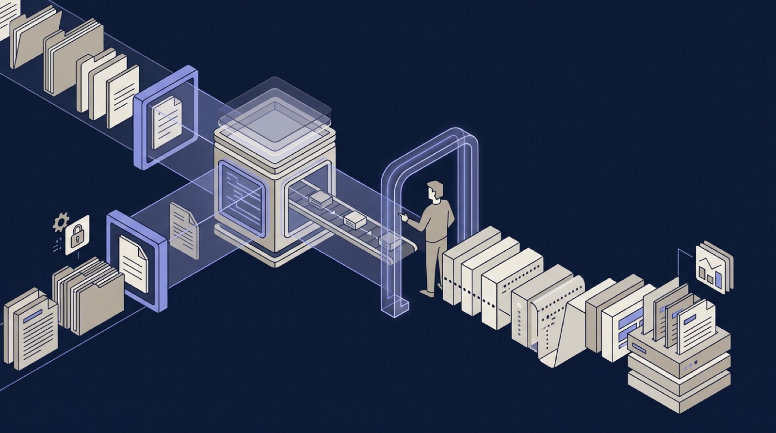 Isometric illustration of public-sector casework and reporting moving through a transparent, accountable AI pipeline with a human gate.