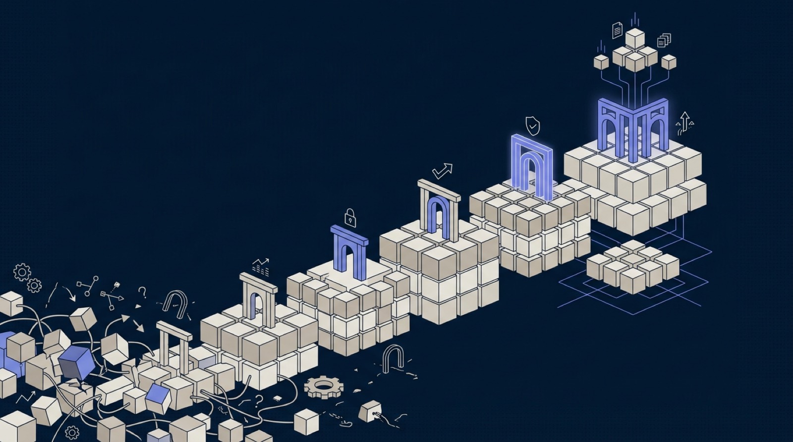 Isometric illustration of the North Stack Ladder: an ascending five-step staircase from a cluttered operation to an orchestrated summit.