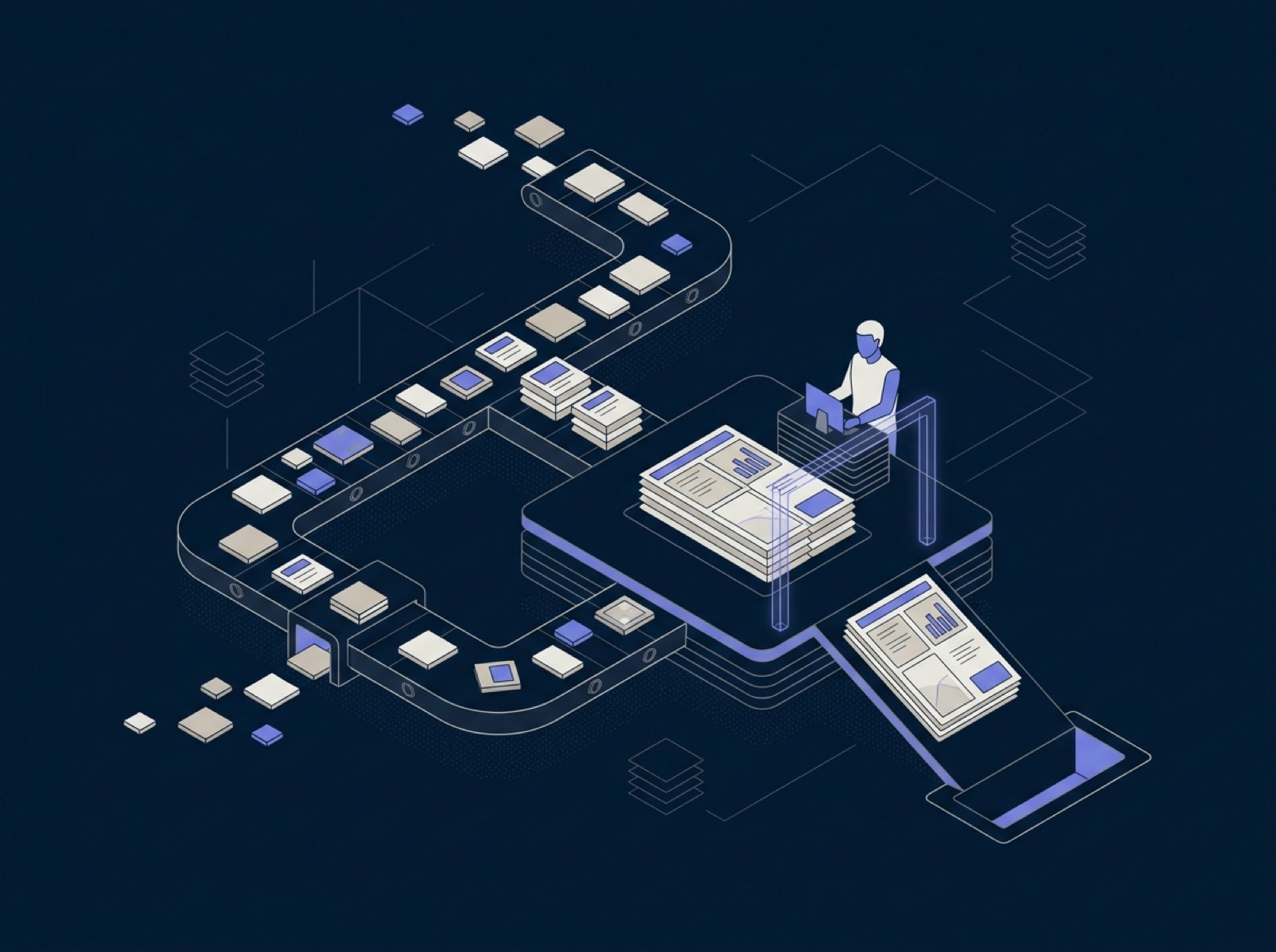 Isometric illustration of a compilation and reporting engine: scattered data assembled into a single clean periodic report behind a human gate.