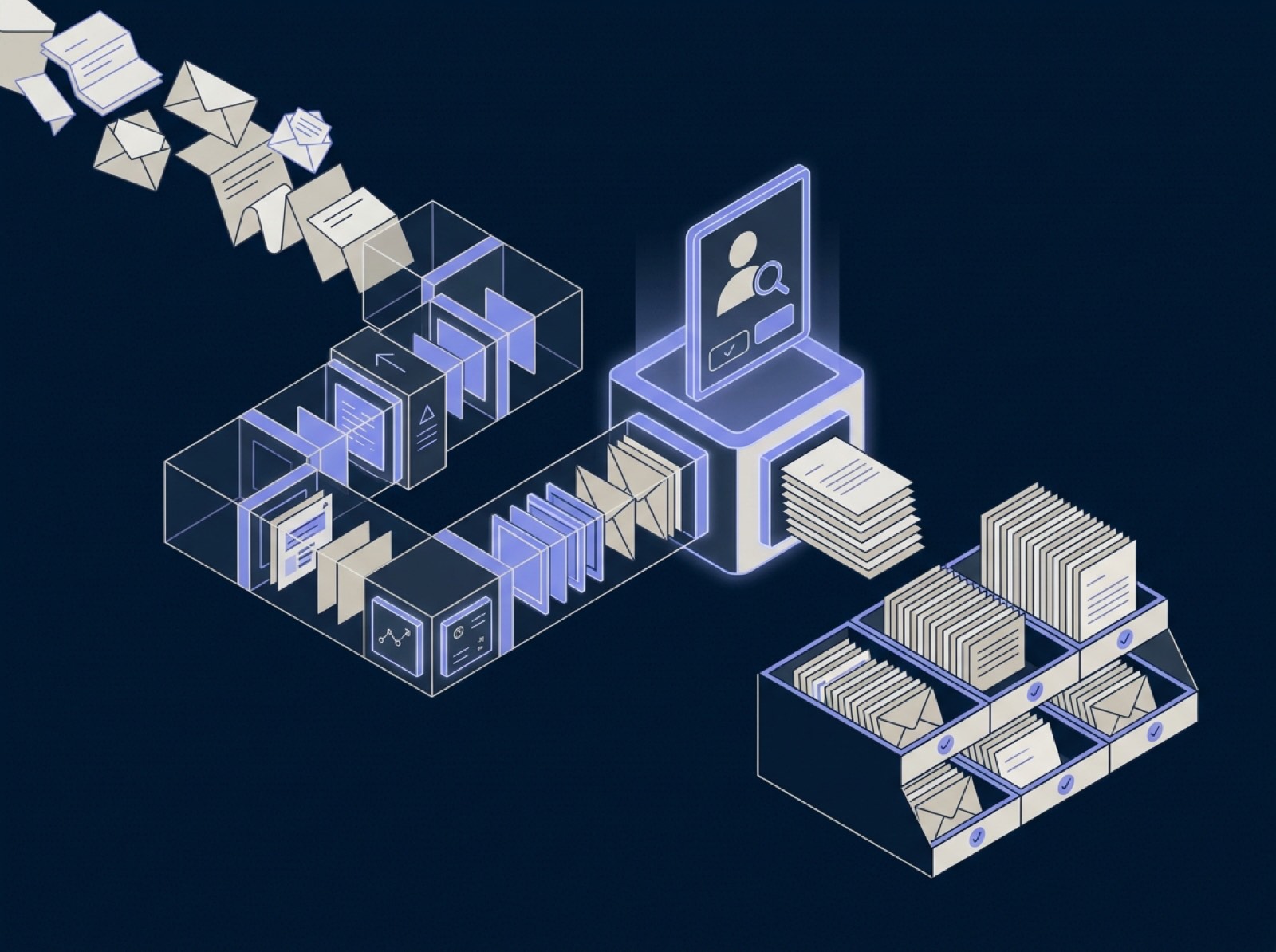 Isometric illustration of inbox and document automation: incoming documents read and structured through a pipeline with a human-approval checkpoint.