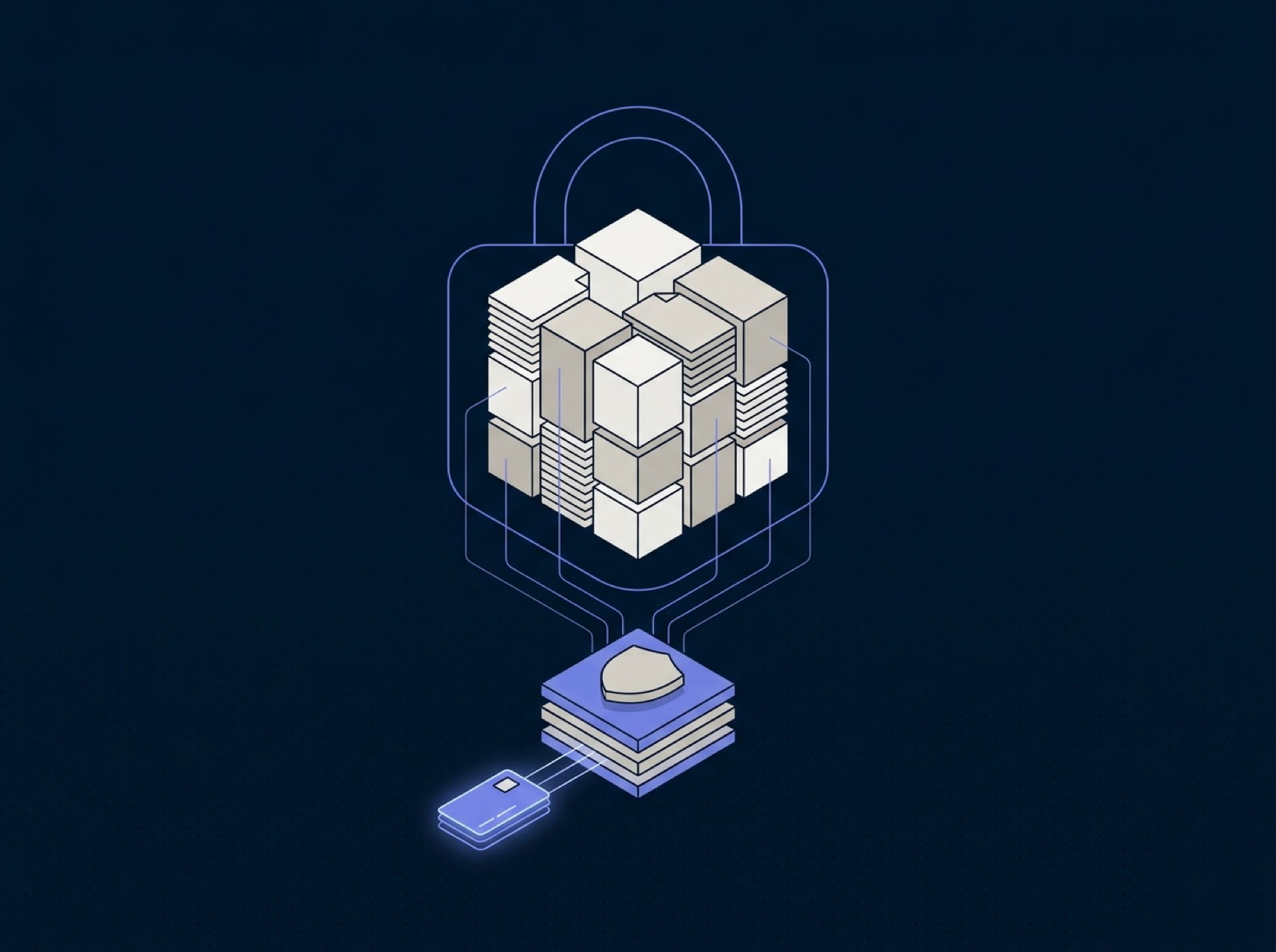 Isometric illustration of private knowledge retrieval: a secure document vault feeding a retrieval core that answers with citations to source passages.
