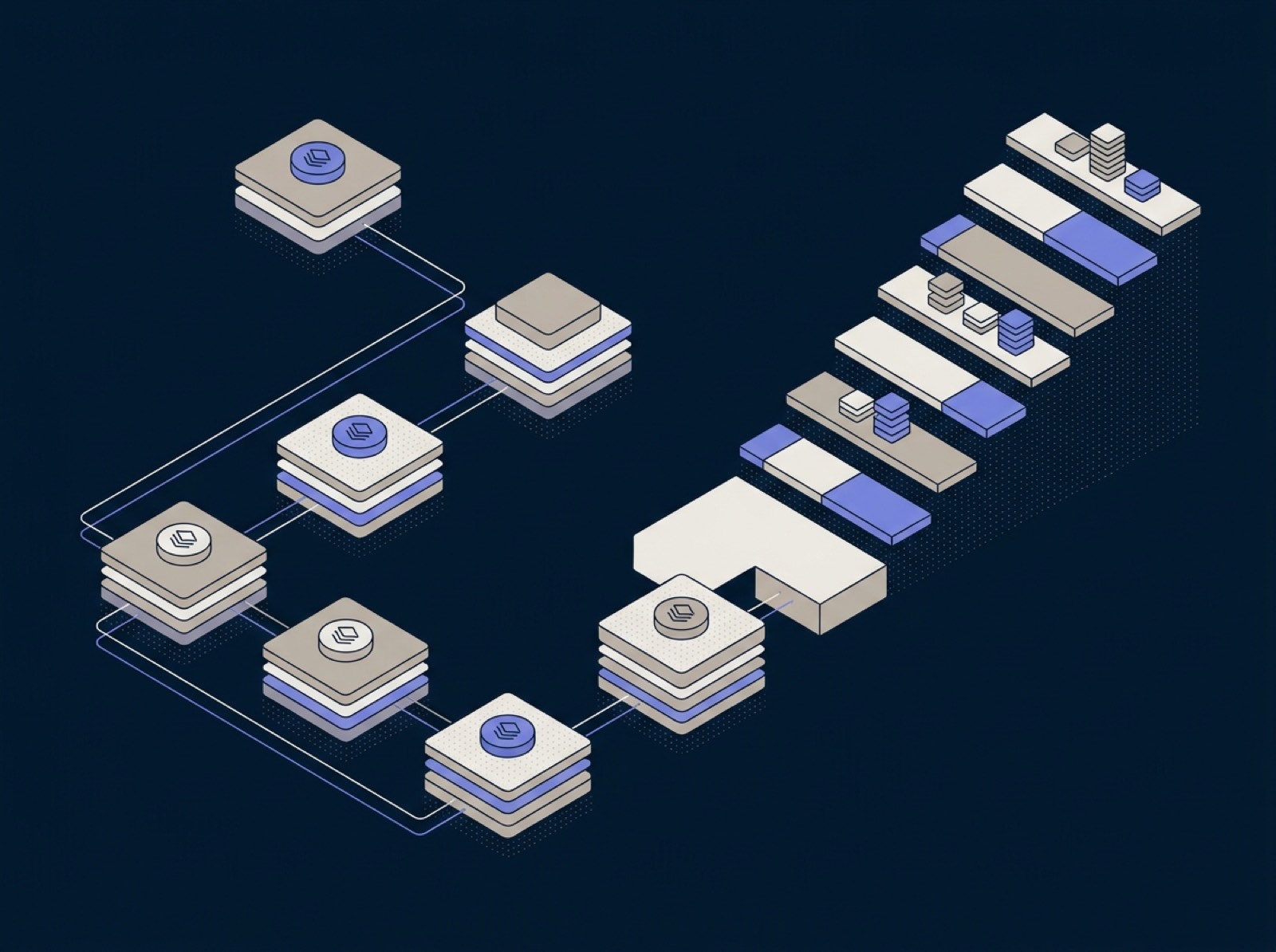 Isometric illustration of an operations audit: each workflow scored and ranked, resolving into a costed roadmap across ascending rungs.