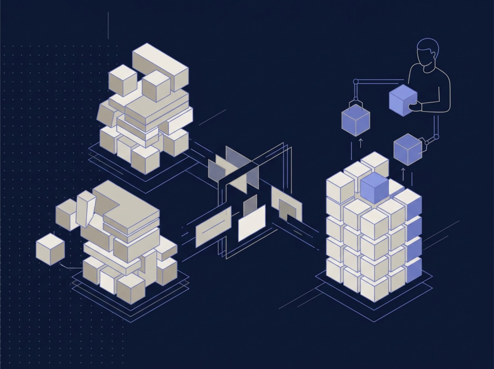 Isometric illustration of reconciliation and data harmonisation: two mismatched data sets aligned into one reconciled ledger, exceptions flagged for review.