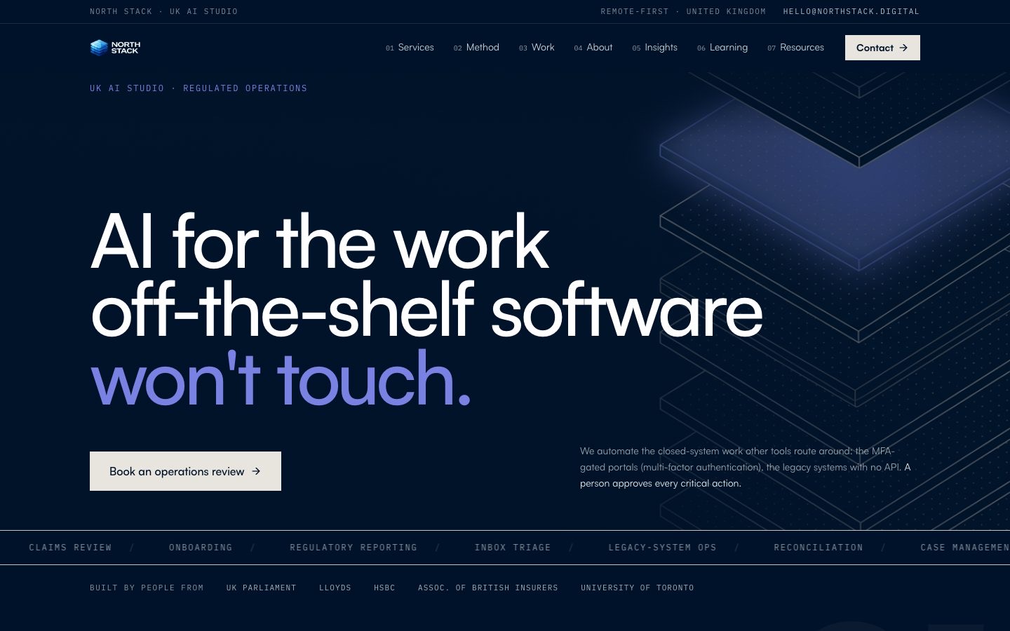 After — The homepage, before and after. The old one read like a template anyone could have bought. The new one takes a position.