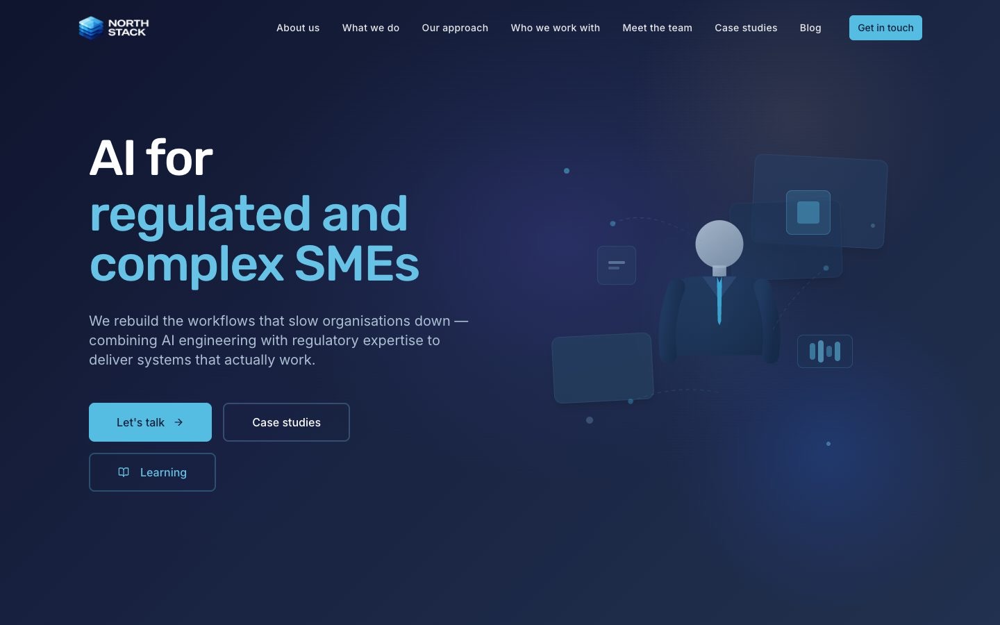 Before — The homepage, before and after. The old one read like a template anyone could have bought. The new one takes a position.