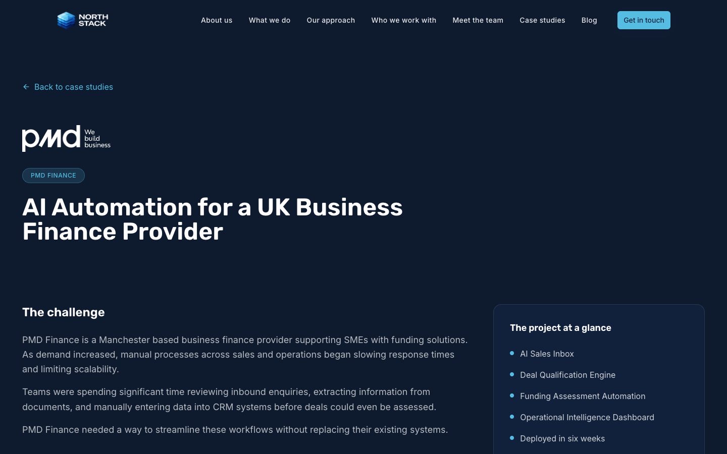 Before — The same client story, PMD Finance, before and after. It used to be one of several sections sharing the homepage's single address. Now it's a page you can send to someone.